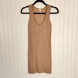 ARTIZIA SUNDAY BEST Tan Ribbed V Neck Sleeveless Minimalist Mini Dress Small